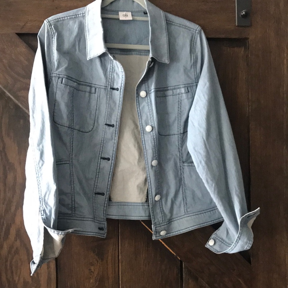 Cabi pin striped soft denim jacket worn twice. Size L. Super cute.